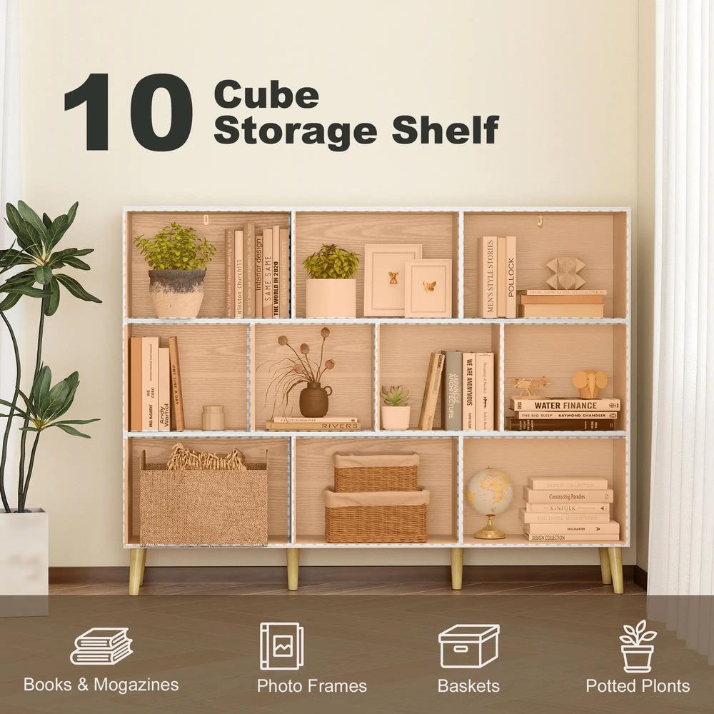 HOMCOM 10-Cube Bookcase, 3-Tier Book Shelf with Solid Wood Legs, 140 cm Modern Bookshelf with Anti-Tip Kit Additional View 34