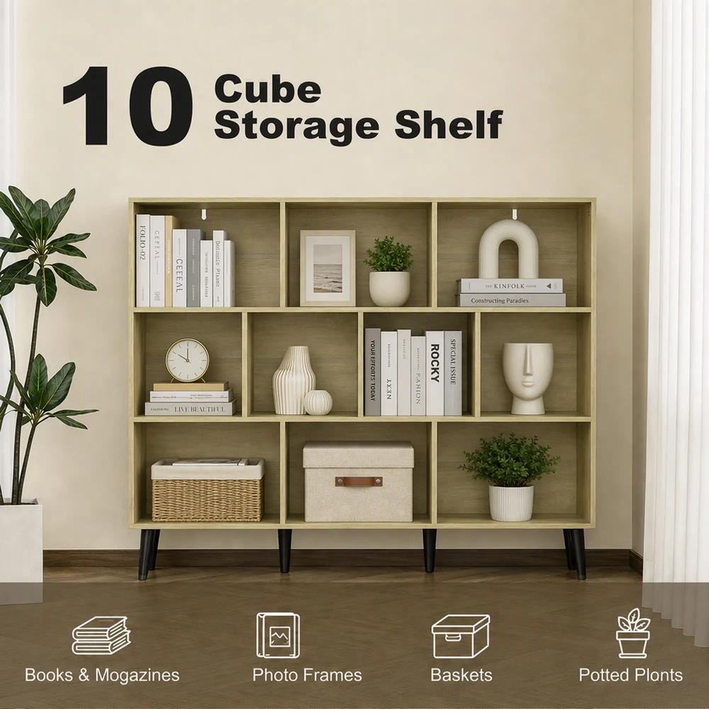 HOMCOM 10-Cube Bookcase, 3-Tier Book Shelf with Solid Wood Legs, 140 cm Modern Bookshelf with Anti-Tip Kit Additional View 4