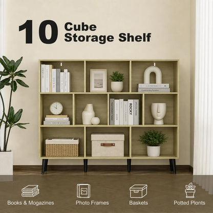 HOMCOM 10-Cube Bookcase, 3-Tier Book Shelf with Solid Wood Legs, 140 cm Modern Bookshelf with Anti-Tip Kit Additional View 4