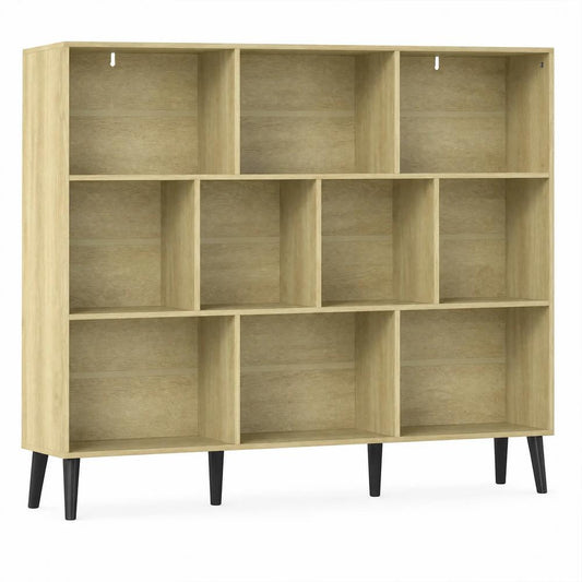 HOMCOM 10-Cube Bookcase, 3-Tier Book Shelf with Solid Wood Legs, 140 cm Modern Bookshelf with Anti-Tip Kit