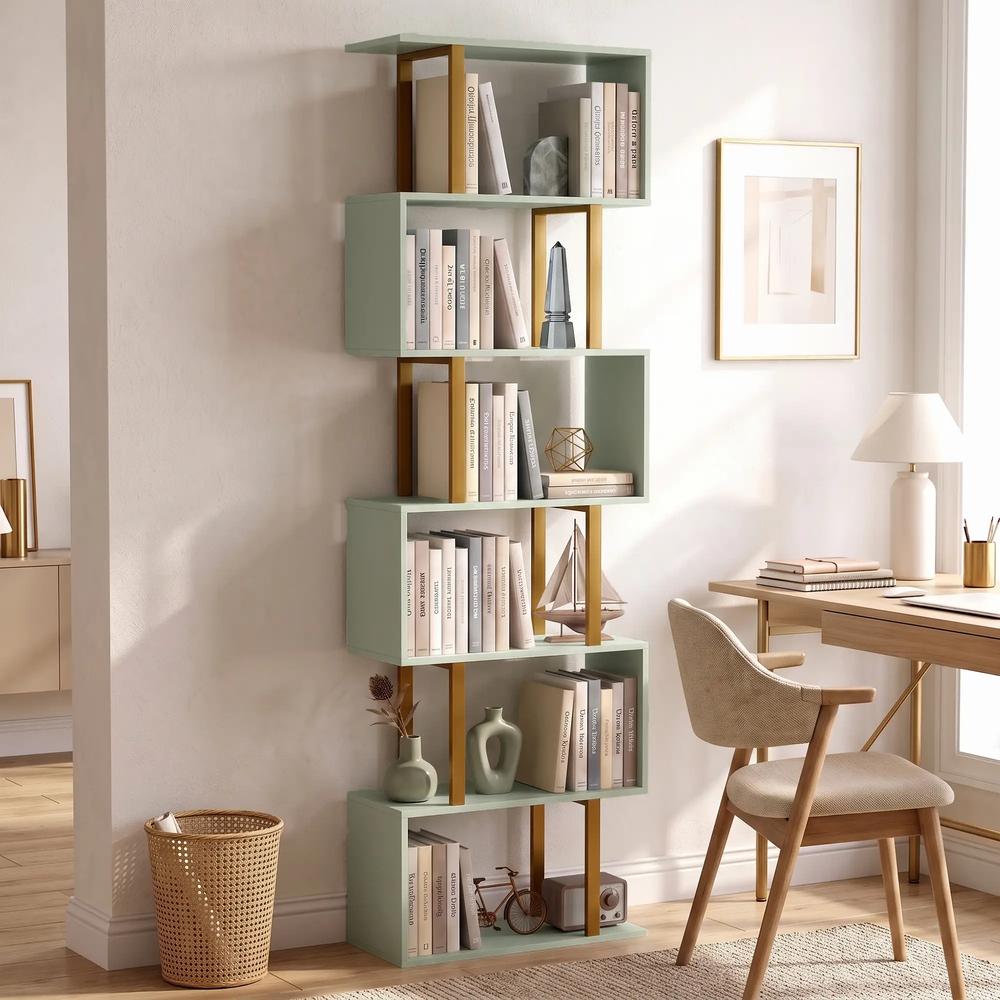 HOMCOM S-Shaped Bookshelf, 6-Tier Bookcase, Freestanding Storage Shelves with Anti-Tip Strap for Living Room, Light Green Additional View 14
