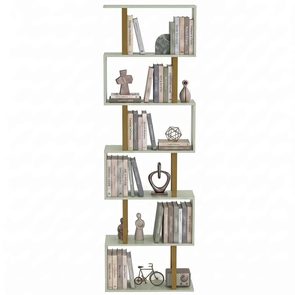 HOMCOM S-Shaped Bookshelf, 6-Tier Bookcase, Freestanding Storage Shelves with Anti-Tip Strap for Living Room, Light Green Additional View 15