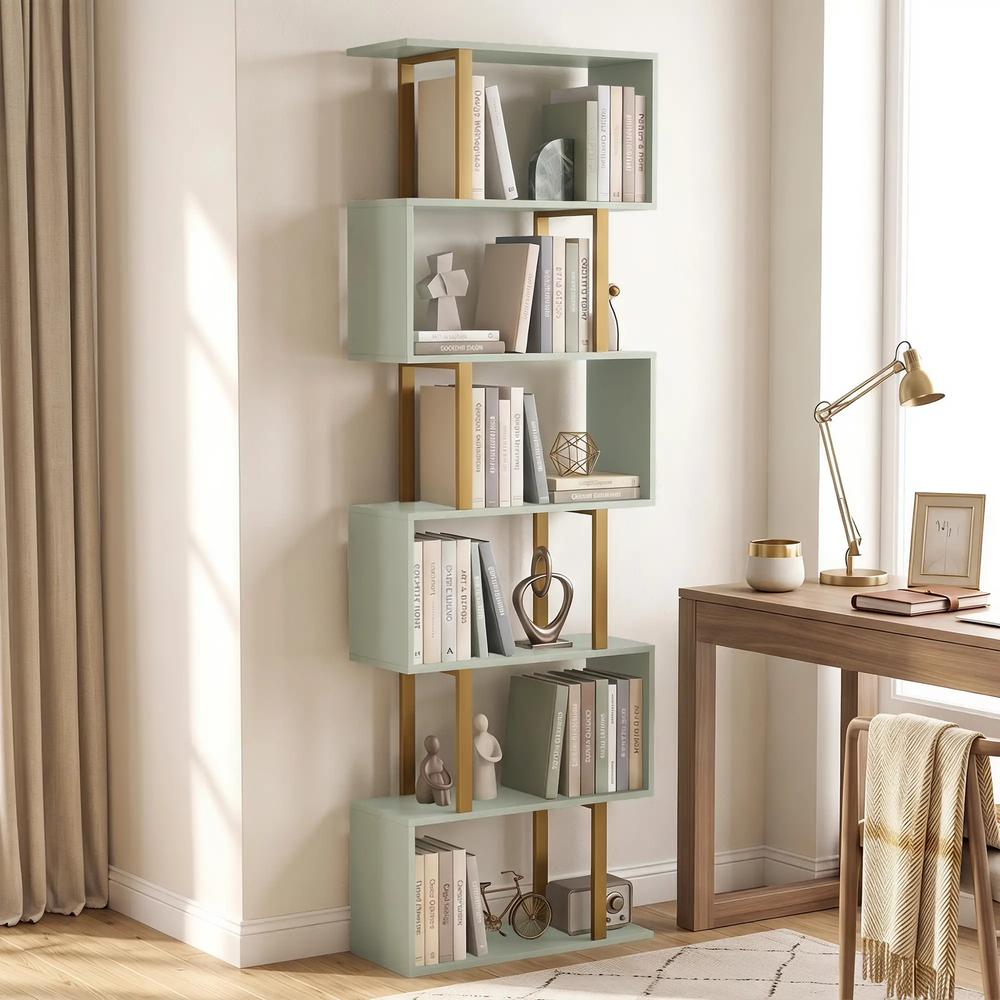 HOMCOM S-Shaped Bookshelf, 6-Tier Bookcase, Freestanding Storage Shelves with Anti-Tip Strap for Living Room, Light Green Additional View 2