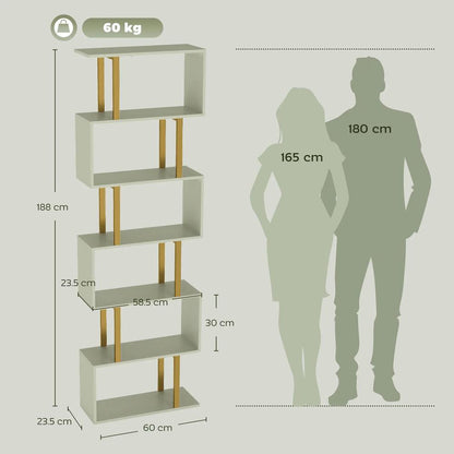 HOMCOM S-Shaped Bookshelf, 6-Tier Bookcase, Freestanding Storage Shelves with Anti-Tip Strap for Living Room, Light Green Additional View 3