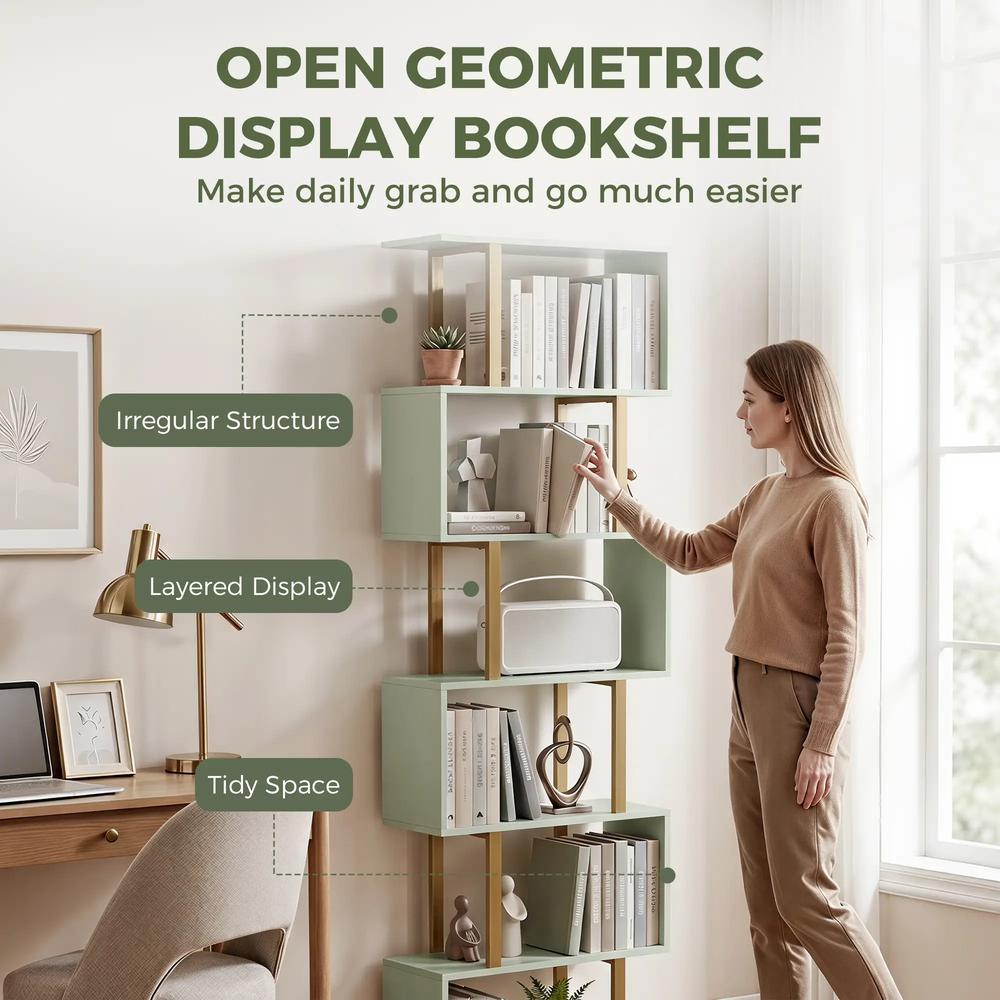 HOMCOM S-Shaped Bookshelf, 6-Tier Bookcase, Freestanding Storage Shelves with Anti-Tip Strap for Living Room, Light Green Additional View 4