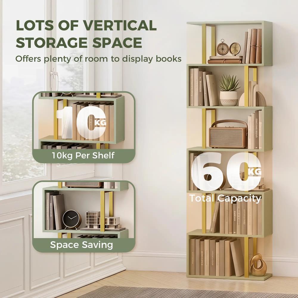HOMCOM S-Shaped Bookshelf, 6-Tier Bookcase, Freestanding Storage Shelves with Anti-Tip Strap for Living Room, Light Green Additional View 5