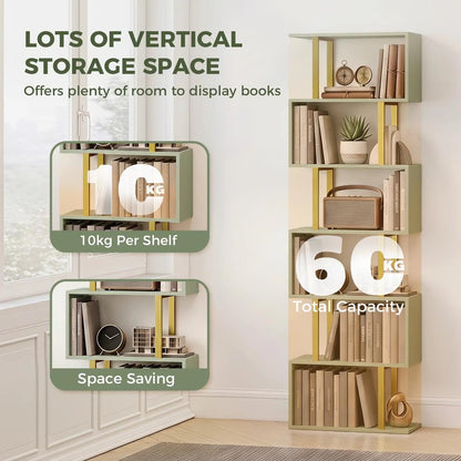 HOMCOM S-Shaped Bookshelf, 6-Tier Bookcase, Freestanding Storage Shelves with Anti-Tip Strap for Living Room, Light Green Additional View 5