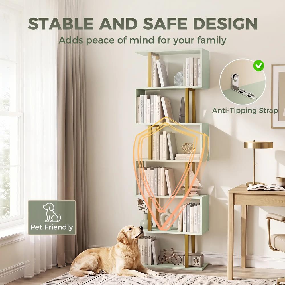 HOMCOM S-Shaped Bookshelf, 6-Tier Bookcase, Freestanding Storage Shelves with Anti-Tip Strap for Living Room, Light Green Additional View 6