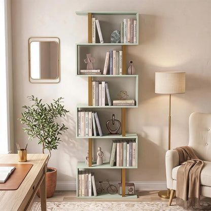 HOMCOM S-Shaped Bookshelf, 6-Tier Bookcase, Freestanding Storage Shelves with Anti-Tip Strap for Living Room, Light Green Additional View 8