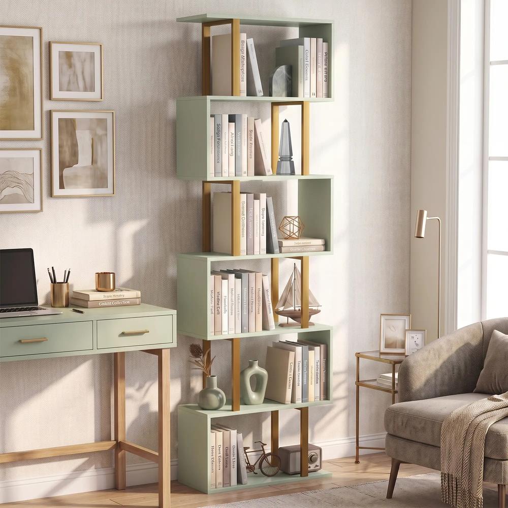 HOMCOM S-Shaped Bookshelf, 6-Tier Bookcase, Freestanding Storage Shelves with Anti-Tip Strap for Living Room, Light Green Additional View 9