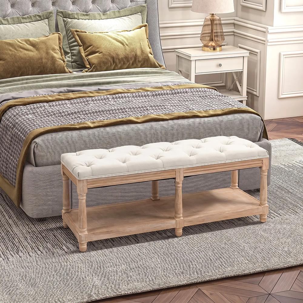 HOMCOM 2-Tier Bed End Bench, Vintage Stool, Wooden Window Seat with Storage Shelf, Button Tufted Upholstered Footstool for Living Room, Bedroom, Entryway, Cream White Additional View 2