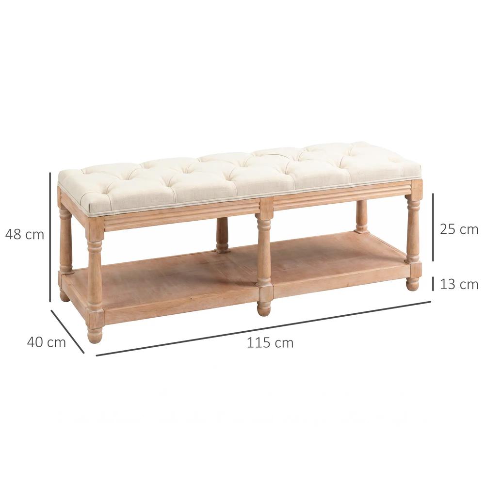 HOMCOM 2-Tier Bed End Bench, Vintage Stool, Wooden Window Seat with Storage Shelf, Button Tufted Upholstered Footstool for Living Room, Bedroom, Entryway, Cream White Additional View 3