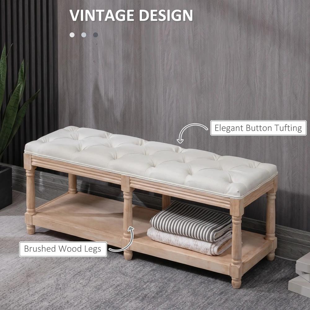 HOMCOM 2-Tier Bed End Bench, Vintage Stool, Wooden Window Seat with Storage Shelf, Button Tufted Upholstered Footstool for Living Room, Bedroom, Entryway, Cream White Additional View 4