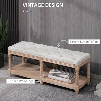 HOMCOM 2-Tier Bed End Bench, Vintage Stool, Wooden Window Seat with Storage Shelf, Button Tufted Upholstered Footstool for Living Room, Bedroom, Entryway, Cream White Additional View 4