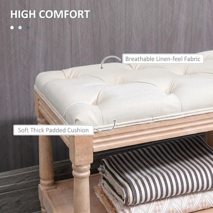 HOMCOM 2-Tier Bed End Bench, Vintage Stool, Wooden Window Seat with Storage Shelf, Button Tufted Upholstered Footstool for Living Room, Bedroom, Entryway, Cream White Additional View 5
