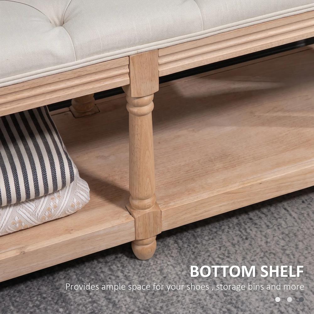 HOMCOM 2-Tier Bed End Bench, Vintage Stool, Wooden Window Seat with Storage Shelf, Button Tufted Upholstered Footstool for Living Room, Bedroom, Entryway, Cream White Additional View 6