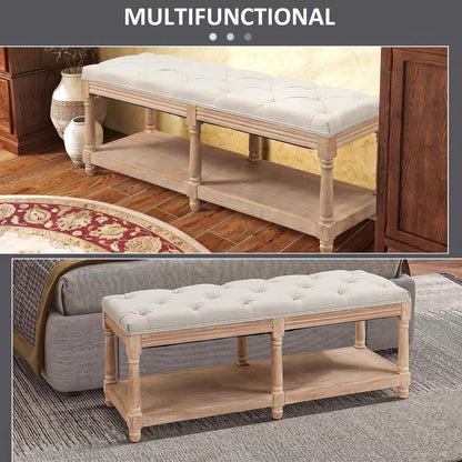 HOMCOM 2-Tier Bed End Bench, Vintage Stool, Wooden Window Seat with Storage Shelf, Button Tufted Upholstered Footstool for Living Room, Bedroom, Entryway, Cream White Additional View 7