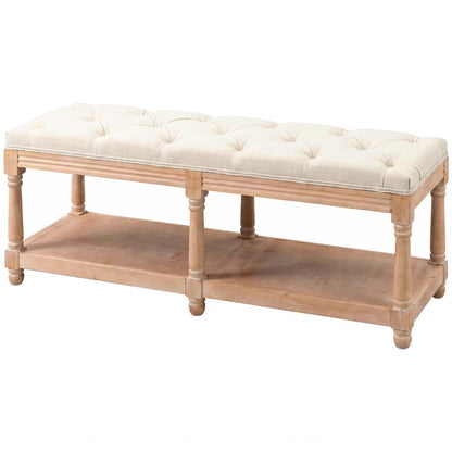 HOMCOM 2-Tier Bed End Bench, Vintage Stool, Wooden Window Seat with Storage Shelf, Button Tufted Upholstered Footstool for Living Room, Bedroom, Entryway, Cream White Additional View 10