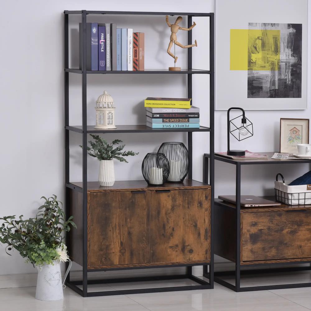 HOMCOM Industrial Bookshelf, Storage Shelf, Large Bookcase with 3 Open Shelves, Multifunctional Rack for Living Room, Office, Rustic Brown and Black Additional View 2