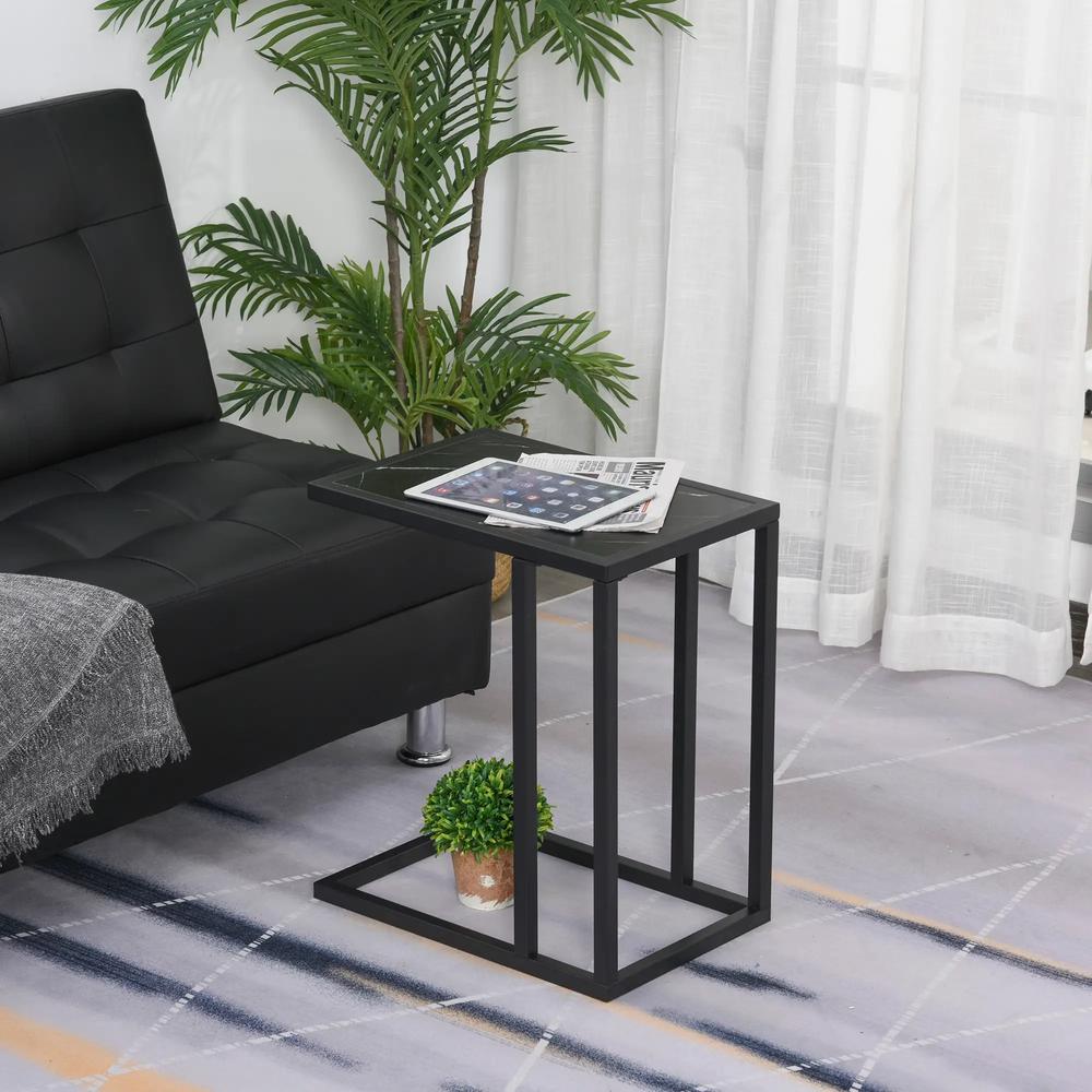 HOMCOM C Shape Bedside Table w/Metal Frame Marble-Effect Top Sofa Narrow Snack End Table for Living Room, Black Additional View 2