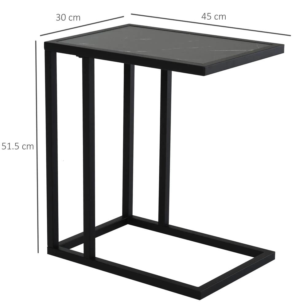 HOMCOM C Shape Bedside Table w/Metal Frame Marble-Effect Top Sofa Narrow Snack End Table for Living Room, Black Additional View 3
