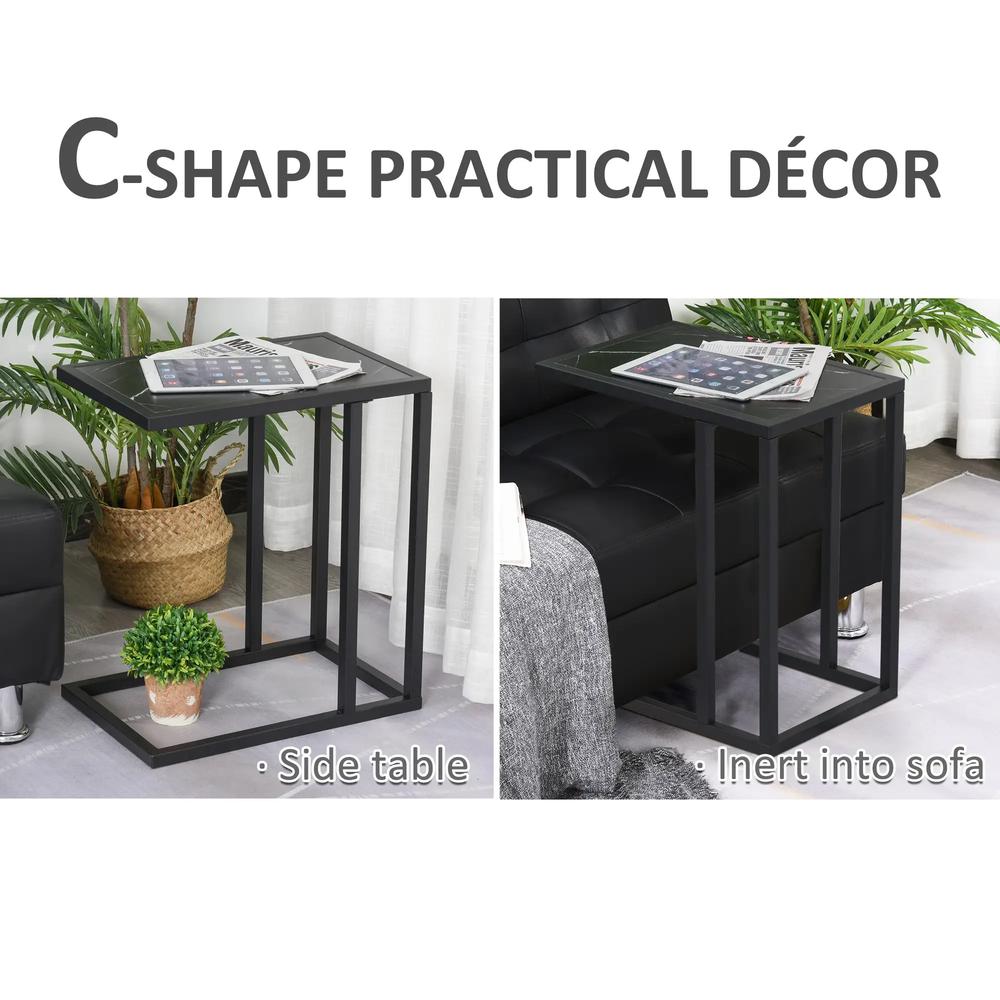 HOMCOM C Shape Bedside Table w/Metal Frame Marble-Effect Top Sofa Narrow Snack End Table for Living Room, Black Additional View 4