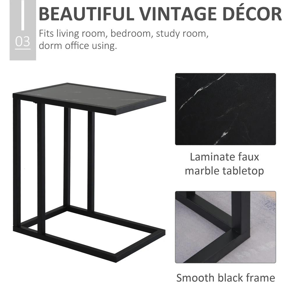 HOMCOM C Shape Bedside Table w/Metal Frame Marble-Effect Top Sofa Narrow Snack End Table for Living Room, Black Additional View 6