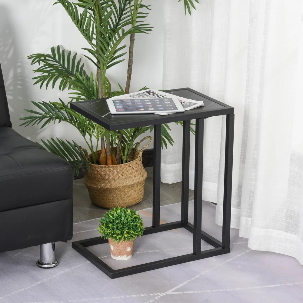 HOMCOM C Shape Bedside Table w/Metal Frame Marble-Effect Top Sofa Narrow Snack End Table for Living Room, Black Additional View 10