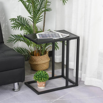 HOMCOM C Shape Bedside Table w/Metal Frame Marble-Effect Top Sofa Narrow Snack End Table for Living Room, Black Additional View 10