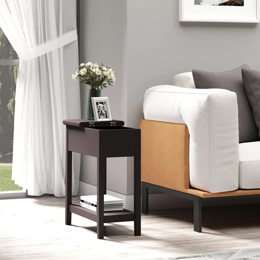 HOMCOM End Table, Narrow Side Table with Flip Top , Shelf, Dark Coffee Additional View 2