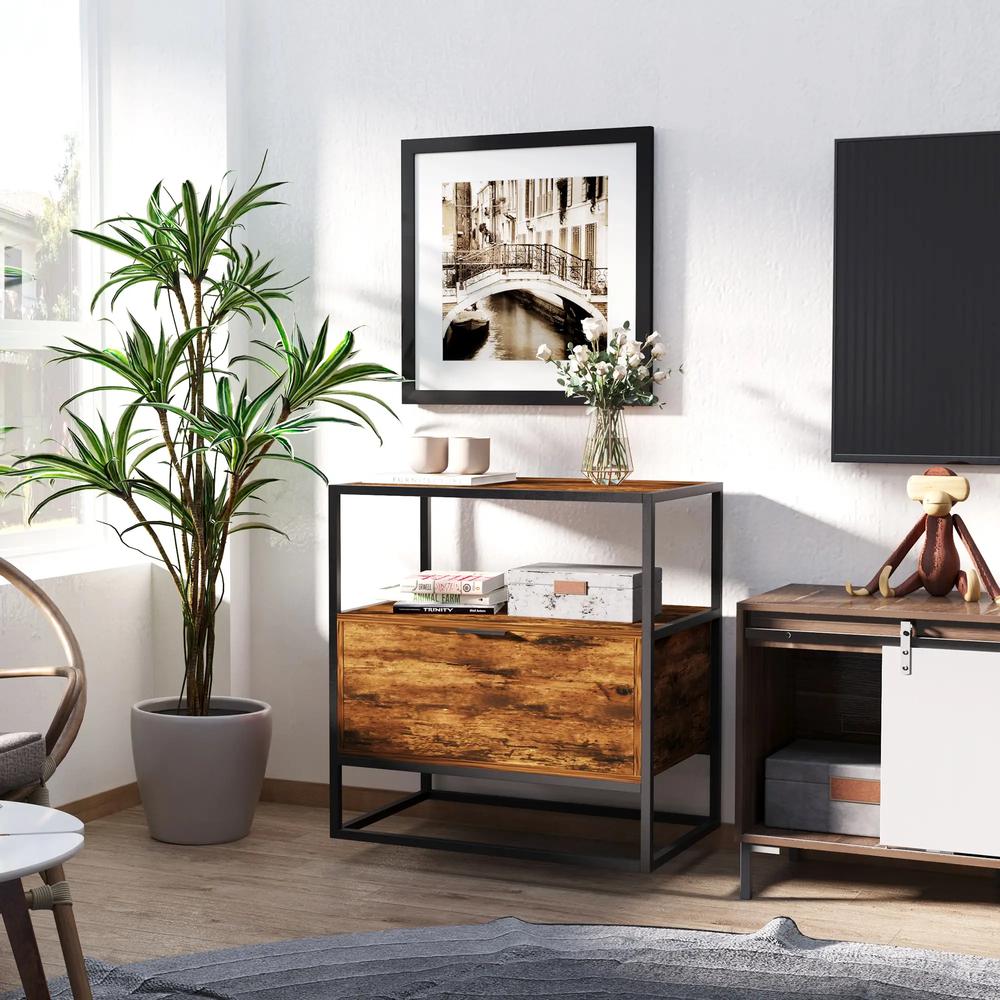 HOMCOM Industrial-Style Side Table w/ Drawer Open Shelf Steel Frame Large Base Two-Tone Retro Stylish Home Furniture Bedroom Living Room Additional View 2