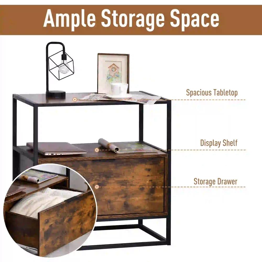 HOMCOM Industrial-Style Side Table w/ Drawer Open Shelf Steel Frame Large Base Two-Tone Retro Stylish Home Furniture Bedroom Living Room Additional View 4