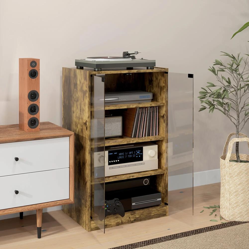 HOMCOM 4-Tier Hi-Fi Stand, Record Player Stand with Adjustable Shelves and Push-to-Open Glass Doors Additional View 19