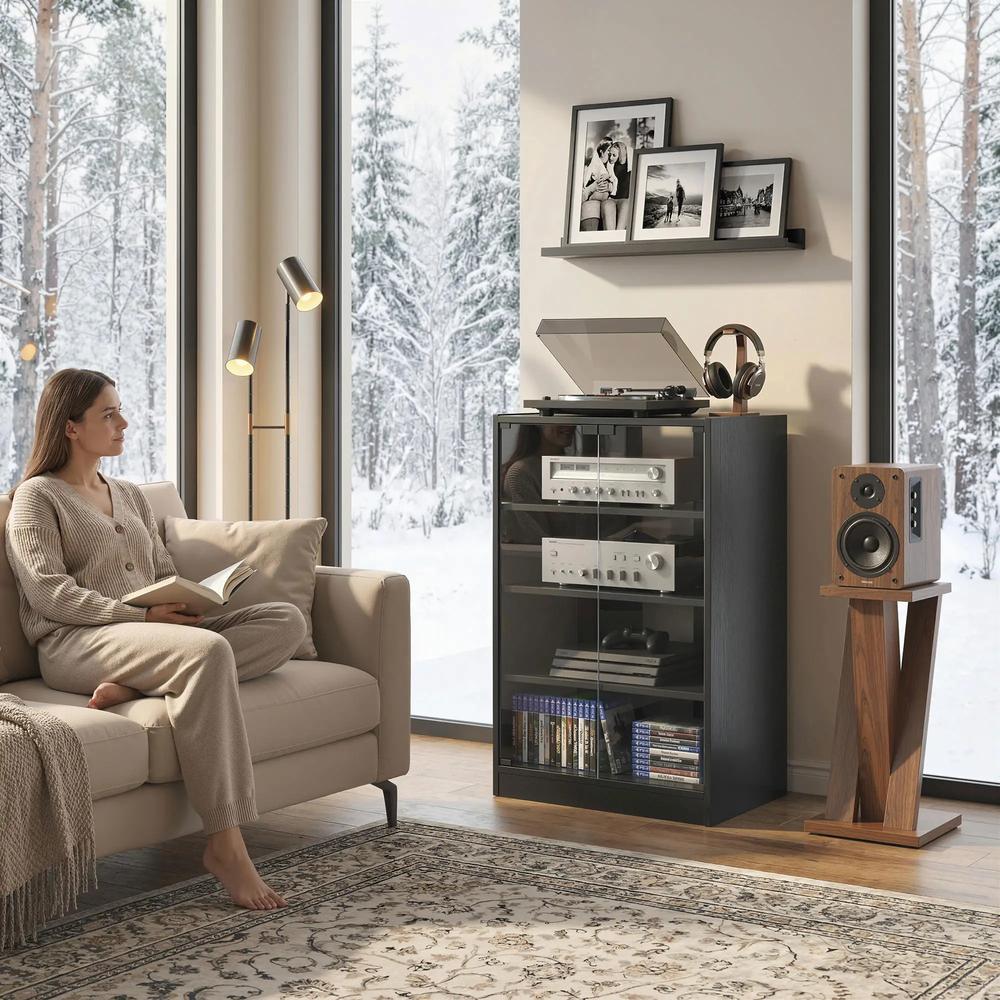 HOMCOM 4-Tier Hi-Fi Stand, Record Player Stand with Adjustable Shelves and Push-to-Open Glass Doors Additional View 24