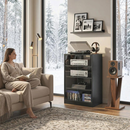 HOMCOM 4-Tier Hi-Fi Stand, Record Player Stand with Adjustable Shelves and Push-to-Open Glass Doors Additional View 24