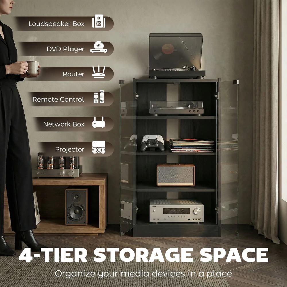 HOMCOM 4-Tier Hi-Fi Stand, Record Player Stand with Adjustable Shelves and Push-to-Open Glass Doors Additional View 26