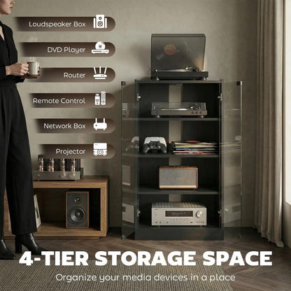 HOMCOM 4-Tier Hi-Fi Stand, Record Player Stand with Adjustable Shelves and Push-to-Open Glass Doors Additional View 26