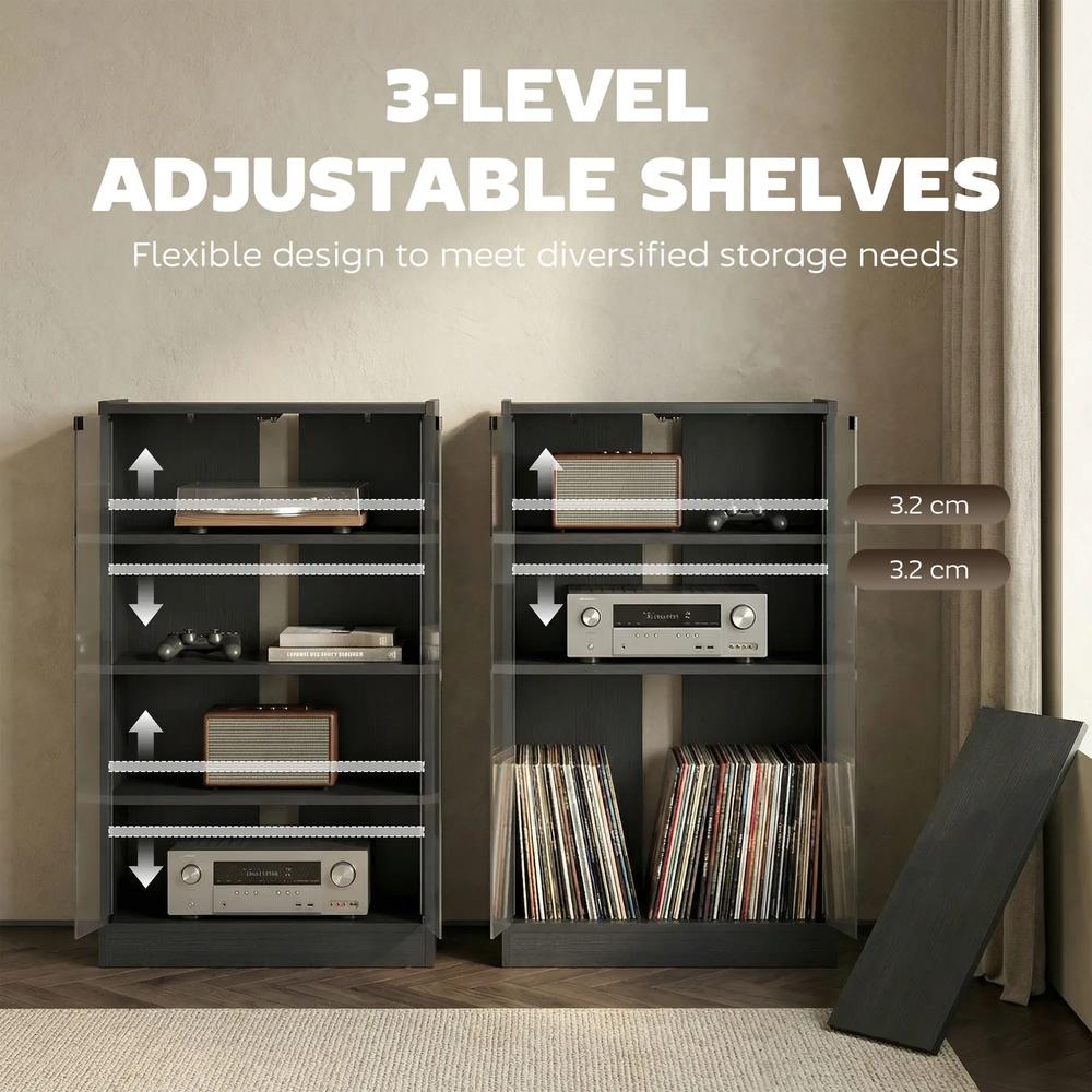 HOMCOM 4-Tier Hi-Fi Stand, Record Player Stand with Adjustable Shelves and Push-to-Open Glass Doors Additional View 28