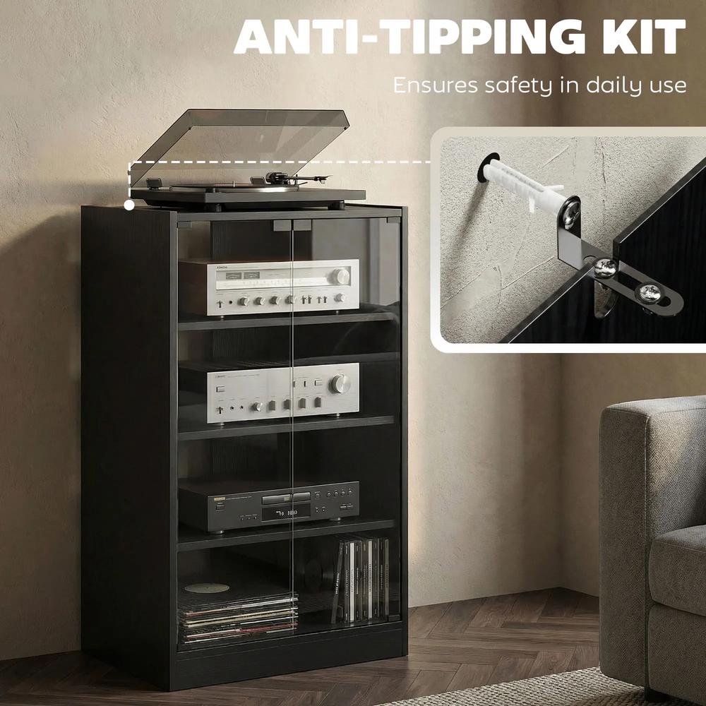 HOMCOM 4-Tier Hi-Fi Stand, Record Player Stand with Adjustable Shelves and Push-to-Open Glass Doors Additional View 30