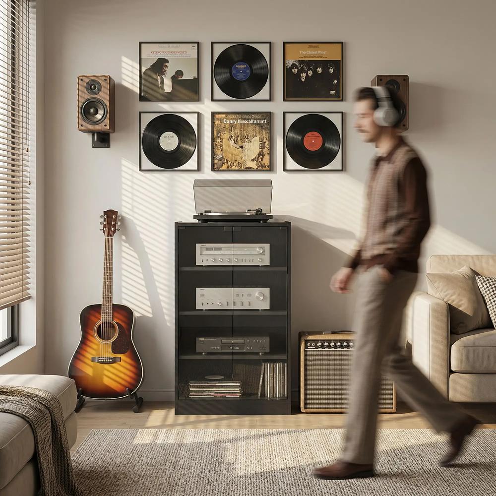 HOMCOM 4-Tier Hi-Fi Stand, Record Player Stand with Adjustable Shelves and Push-to-Open Glass Doors Additional View 31