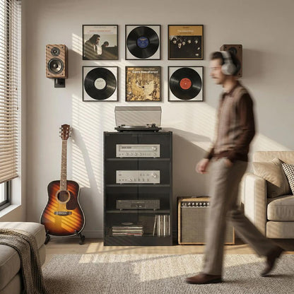 HOMCOM 4-Tier Hi-Fi Stand, Record Player Stand with Adjustable Shelves and Push-to-Open Glass Doors Additional View 31