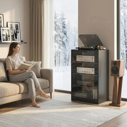HOMCOM 4-Tier Hi-Fi Stand, Record Player Stand with Adjustable Shelves and Push-to-Open Glass Doors Additional View 32