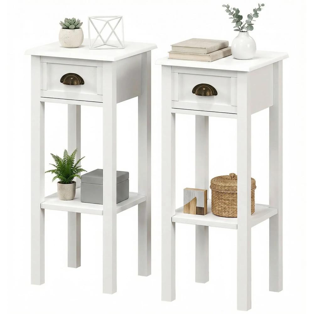 HOMCOM 2-Tier Side Tables Set of 2 with Drawer and Shelf, 2 Pieces Bedside Tables for Living Room and Hallway, White Additional View 11