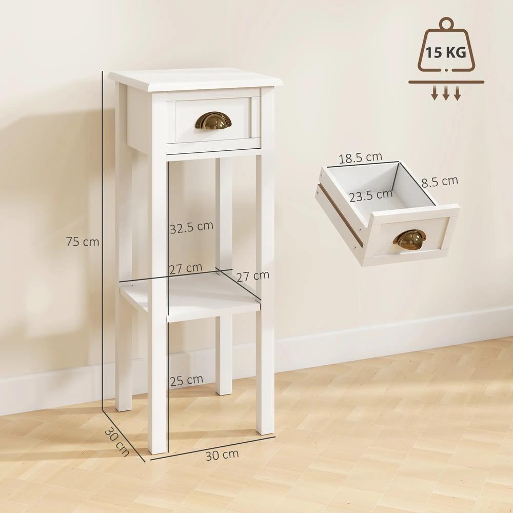 HOMCOM 2-Tier Side Tables Set of 2 with Drawer and Shelf, 2 Pieces Bedside Tables for Living Room and Hallway, White Additional View 3