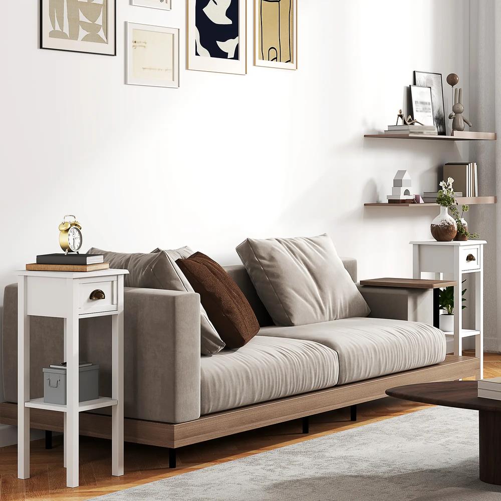HOMCOM 2-Tier Side Tables Set of 2 with Drawer and Shelf, 2 Pieces Bedside Tables for Living Room and Hallway, White Additional View 8