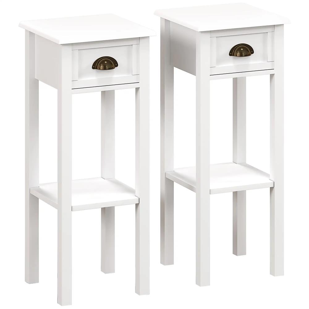 HOMCOM 2-Tier Side Tables Set of 2 with Drawer and Shelf, 2 Pieces Bedside Tables for Living Room and Hallway, White