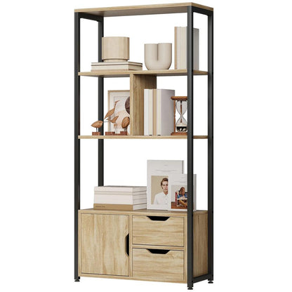 HOMCOM 4-Tier Bookcase, Bookshelf with 1 Cabinet and 2 Drawers for Living Room, Bedroom, Study, Natural Wood Additional View 11
