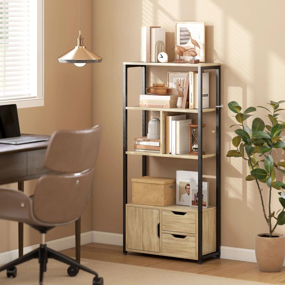 HOMCOM 4-Tier Bookcase, Bookshelf with 1 Cabinet and 2 Drawers for Living Room, Bedroom, Study, Natural Wood Additional View 2