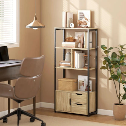 HOMCOM 4-Tier Bookcase, Bookshelf with 1 Cabinet and 2 Drawers for Living Room, Bedroom, Study, Natural Wood Additional View 2