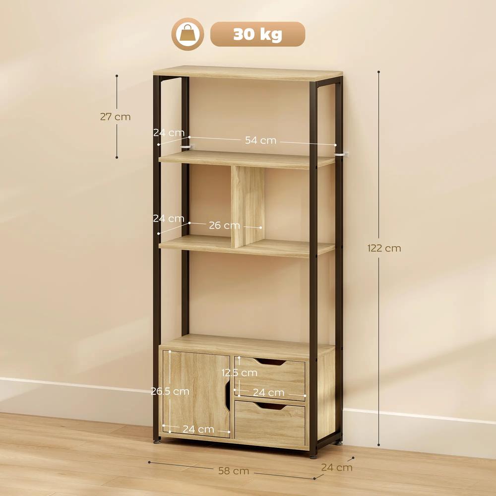 HOMCOM 4-Tier Bookcase, Bookshelf with 1 Cabinet and 2 Drawers for Living Room, Bedroom, Study, Natural Wood Additional View 3